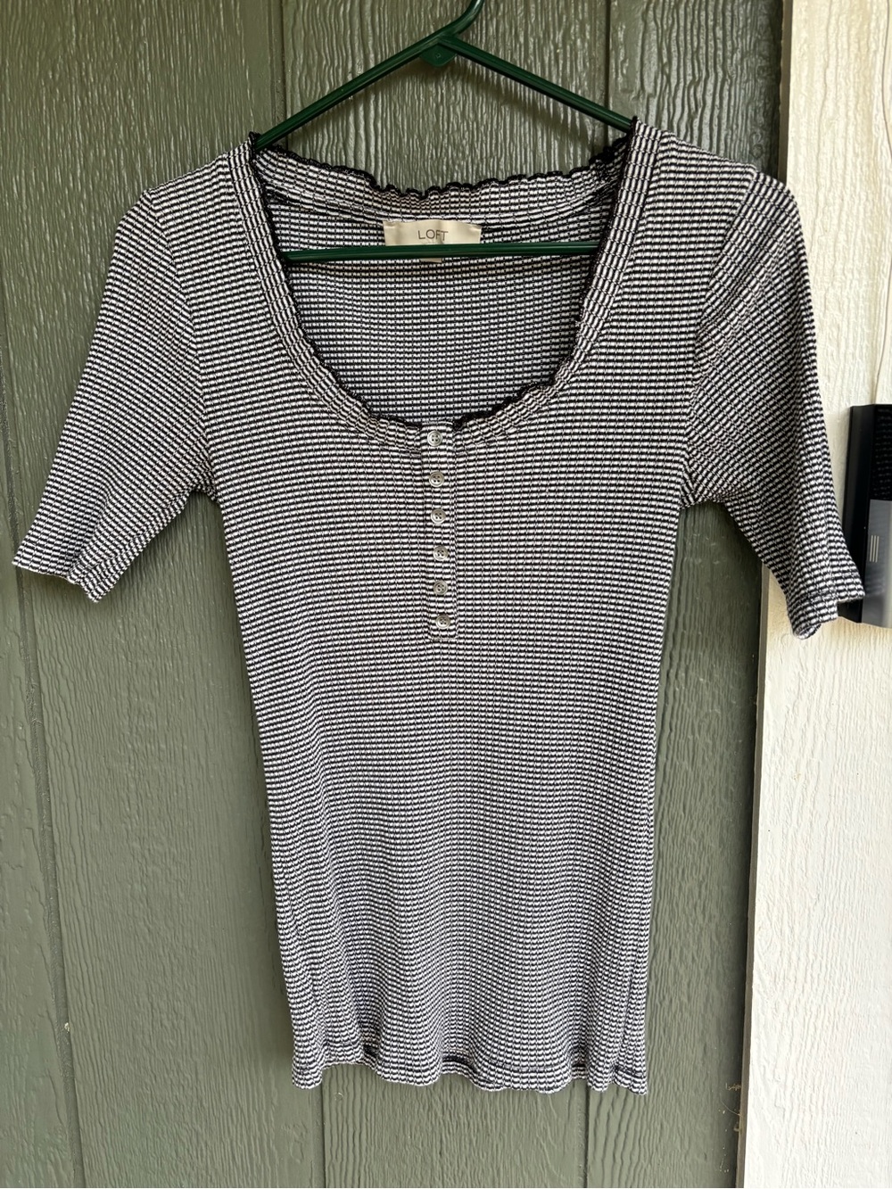 LOFT Textured Waffle Knit Henley Top with Lettuce Hem